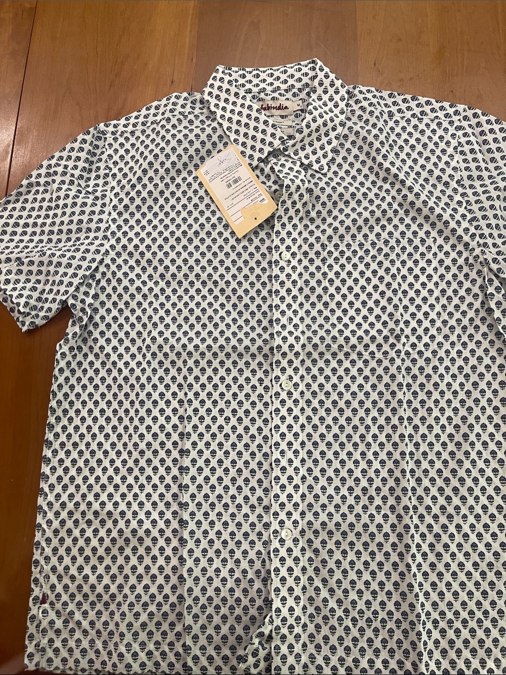 fabindia White Short-Sleeve Button-Down Shirt with Navy Print